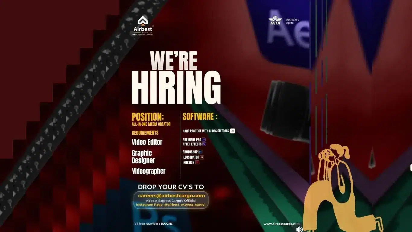 Hiring poster for video editor, graphic designer, and videographer at Airbest Express Cargo