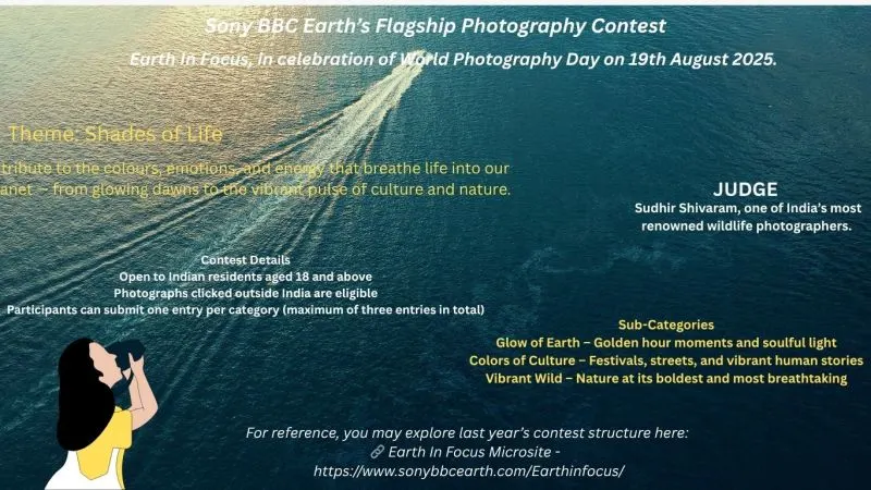Poster for Earth In Focus Photography Contest 2025 by Sony BBC Earth featuring theme Shades of Life and judge Sudhir Shivaram
