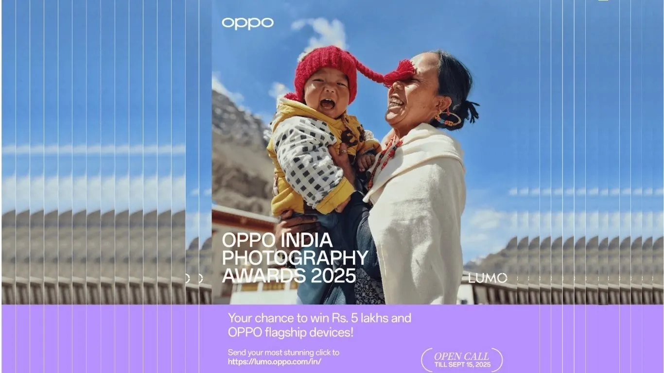 Promotional poster for OPPO India Photography Awards 2025 with Rs. 5 lakh prize and OPPO flagship devices, submission open till September 15, 2025.