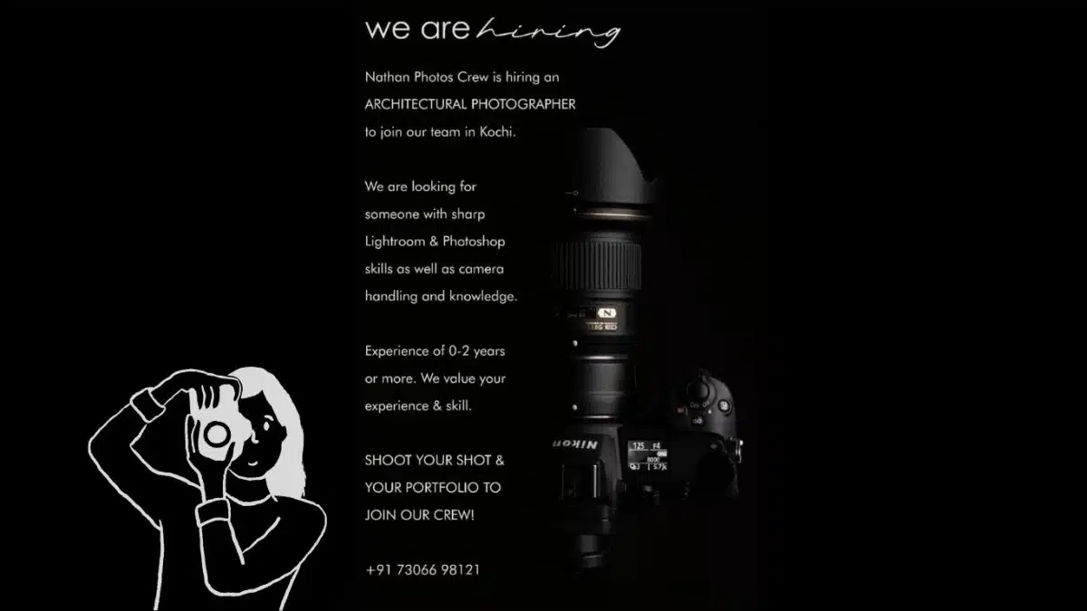 Hiring Architectural Photographer in Kochi – Nathan Photos Crew Job Poster